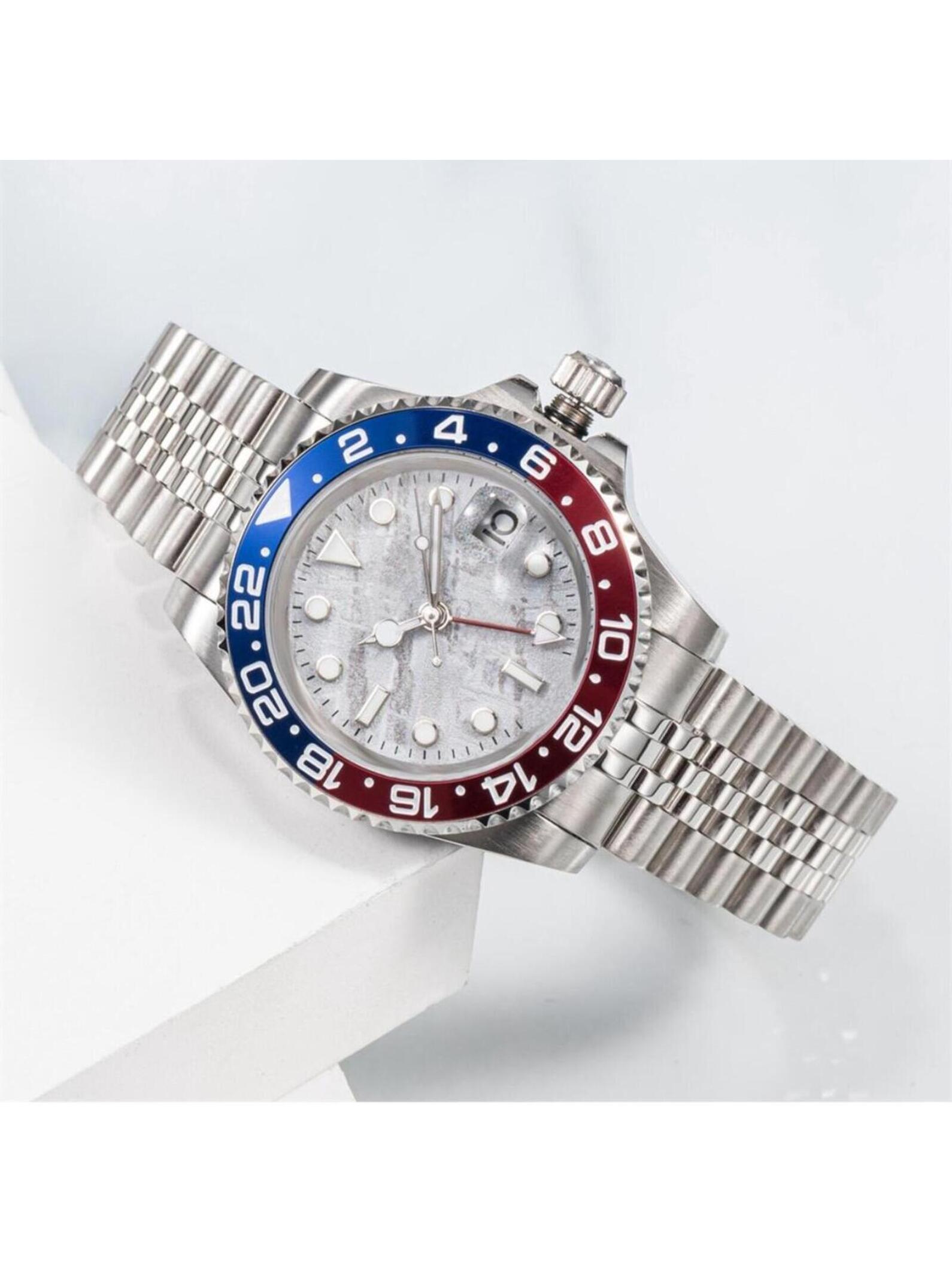 Stainless Steel Mechanical Watch With Sapphire Crystal Blue And Red Bezel 202